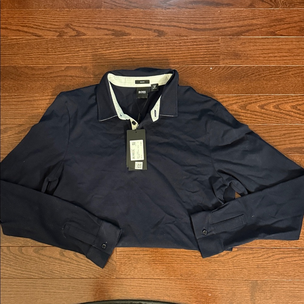 Hugo Boss Men's Dark Navy Long-Sleeve Polo with Contrast Collar